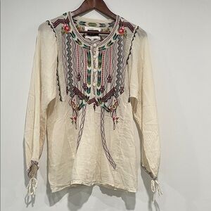Johnny Was Beige Blouse with Colorful Embroidery